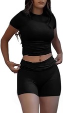 Casual Workout Two Piece Outfits Women Short Sleeve Crop High Waist Shorts