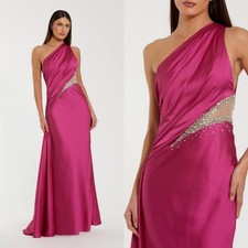 Mac Duggal 2210 Pink One Shoulder Charmeuse Gown With Beaded Cutout Size 12 NWT