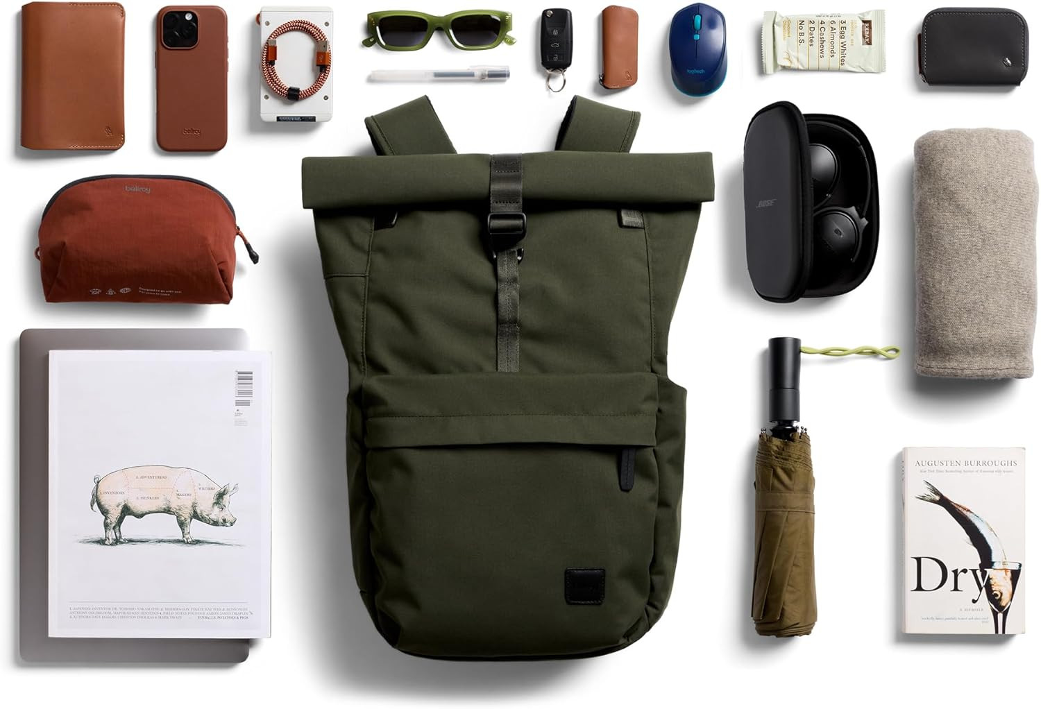 Olive Rolltop Commuter Backpack with Laptop Sleeve & Luggage Pass-Through