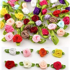 100 PCS Mixed Color Mini Ribbon Roses with Green Leaves for Crafts Sewing