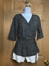 Sienna Sky Sz S Wrap Blouse Polka Dot Black White Cinch Tie Waist Classy Women’s