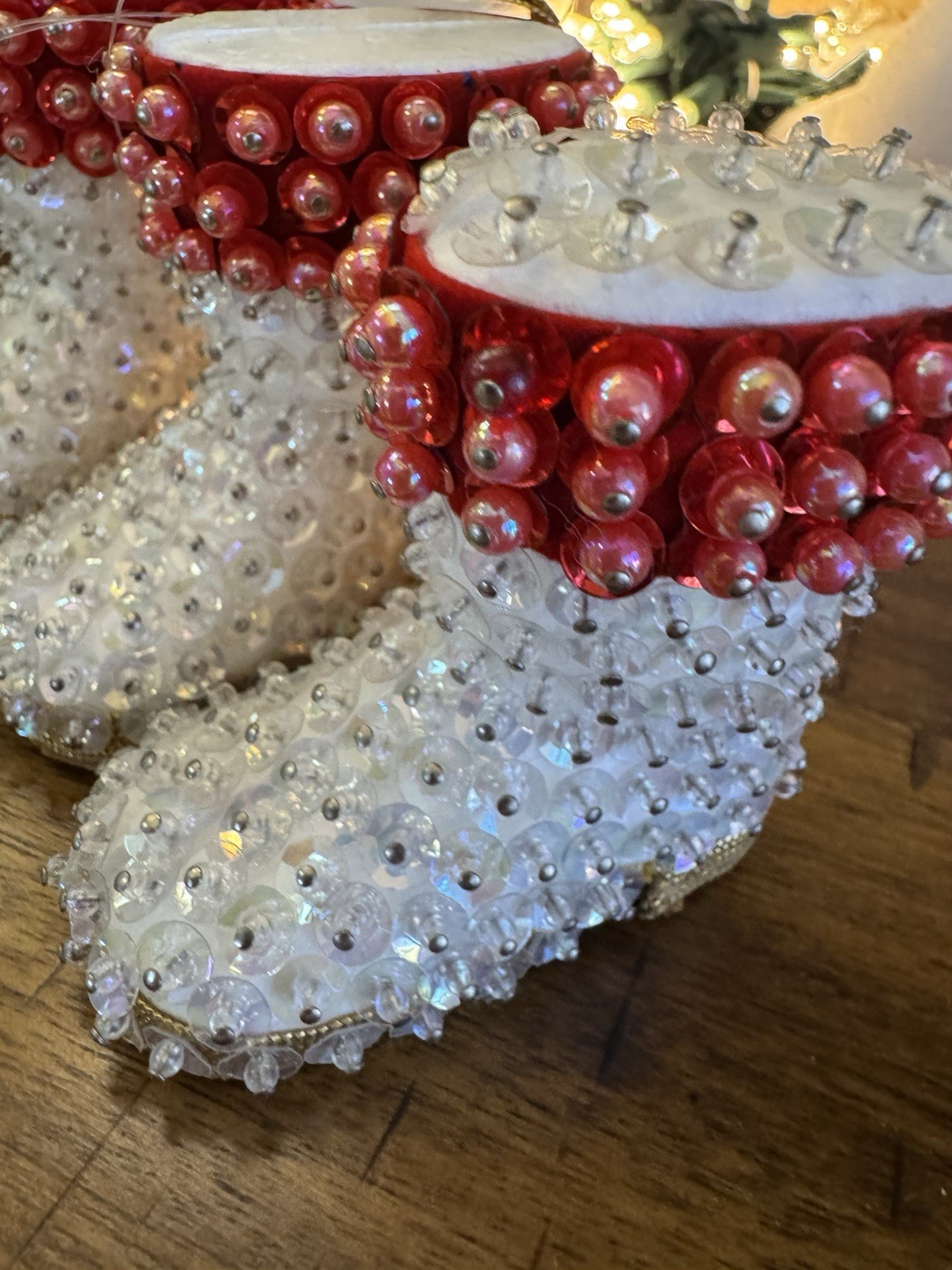 3 Vintage Sequin Beaded Push Pin Christmas Ornaments Santa's Boots Handmade