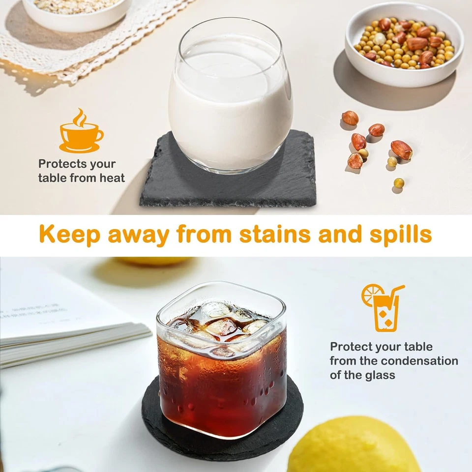 12 Sottobicchieri in Ardesia, 10 Cm, Quadrati, Colore Nero, Con Fondo Antigraffi - Immagine 4 di 4