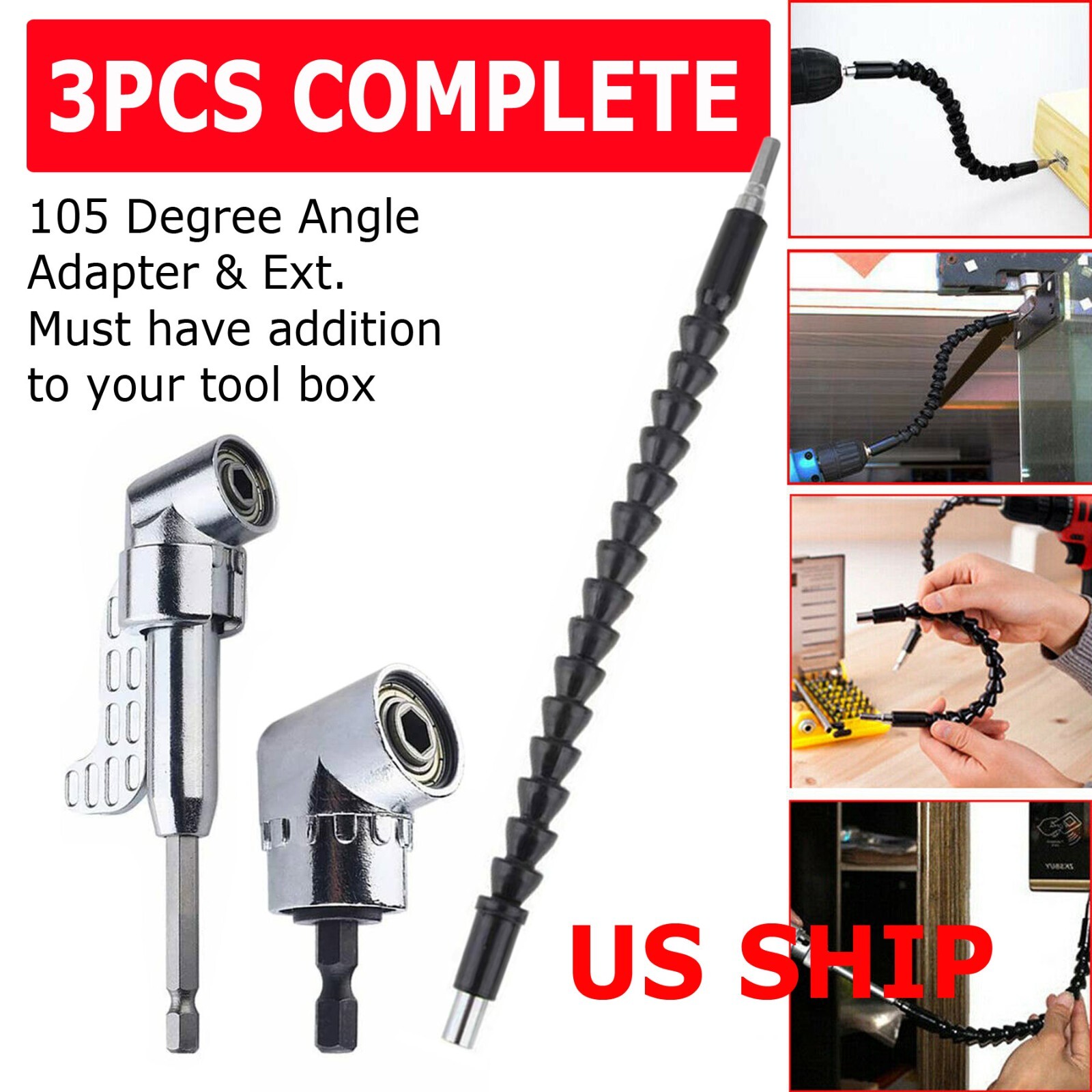 105 Degree Right Angle Drill Socket Adapter Flexible Shaft Extension Bit Driver