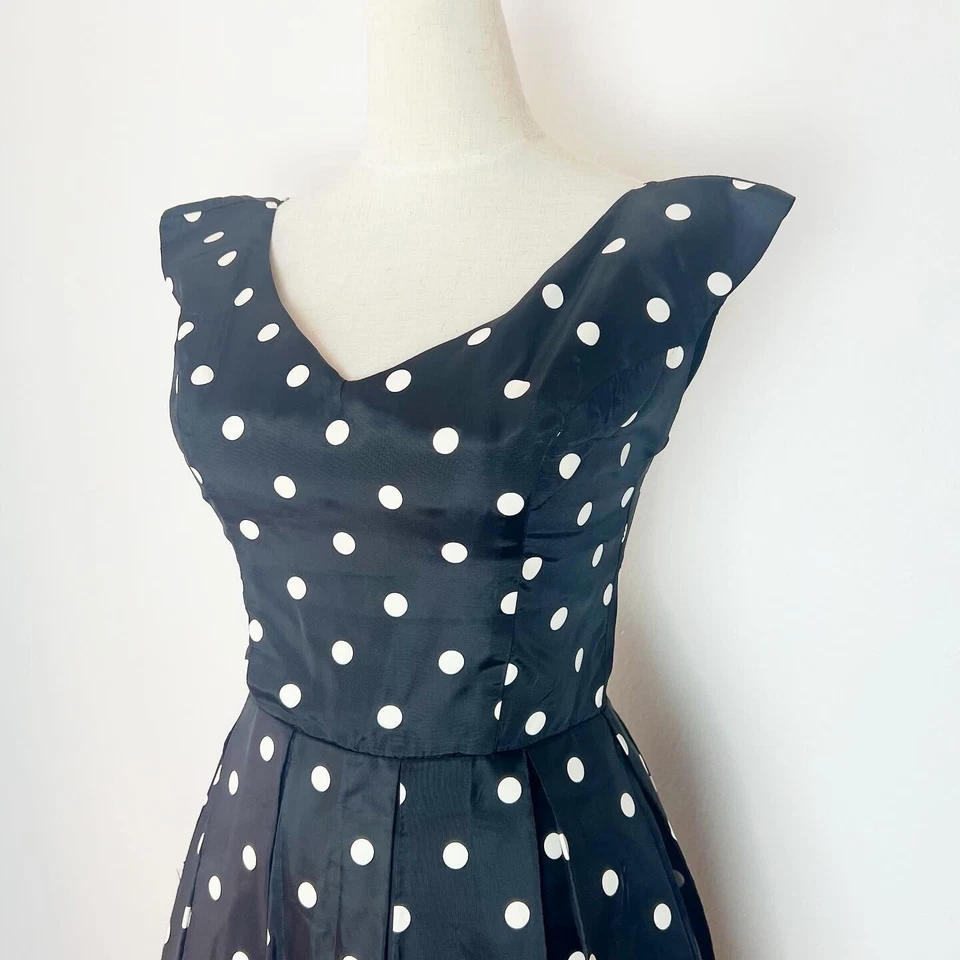 TAFFETA & CRINOLINE 80’s 80s Does 50’s 50s Vintage Black White Polka Dot Dress S - Image 3 of 4