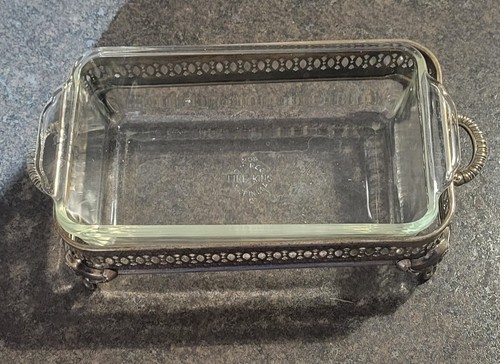Vintage Silver plate Casserole Dish Handled Footed Stand with Fire King 409 Dish - Picture 7 of 10