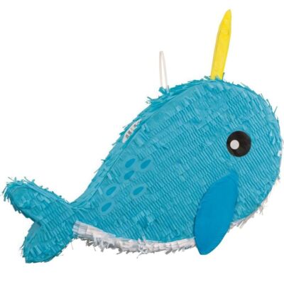 Unique Narwhal Shaped Drum Pinata - 20'' x 18.25'' - Blue Cardboard & Paper