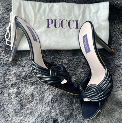 Emilio Pucci Navy Blue Leather Mule Heel Sandal Stiletto Shoe Italy 36  BRAND NEW