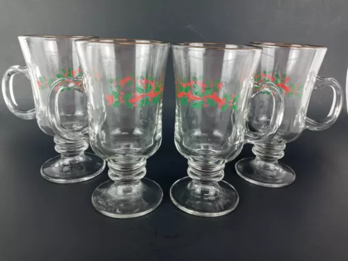 4 Libbey Holly Berry Ribbon Christmas Glass Irish Coffee Cups Mugs 8oz Gold Rim
