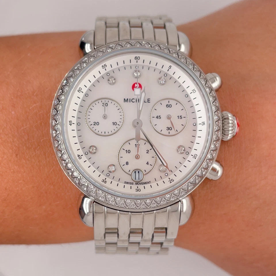Michele Deco Diamond Chronograph Watch Head & Bracelet 33mm New $2695 - Image 3 of 4