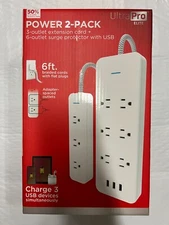 Ultra Pro Elite Power 2 Pack 3 Outlet Extension Cord + 6 Outlet Surge Protector