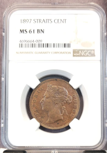 1897 STRAITS SETTLEMENTS 1 CENT QUEEN VICTORIA NGC MS 61 BN RARE MINT STATE COIN