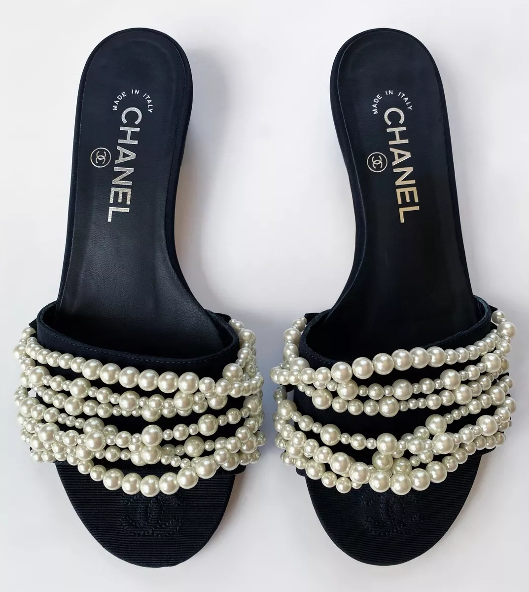 CHANEL BLACK WHITE PEARL MULES SLIDES FLATS SANDALS 37.5