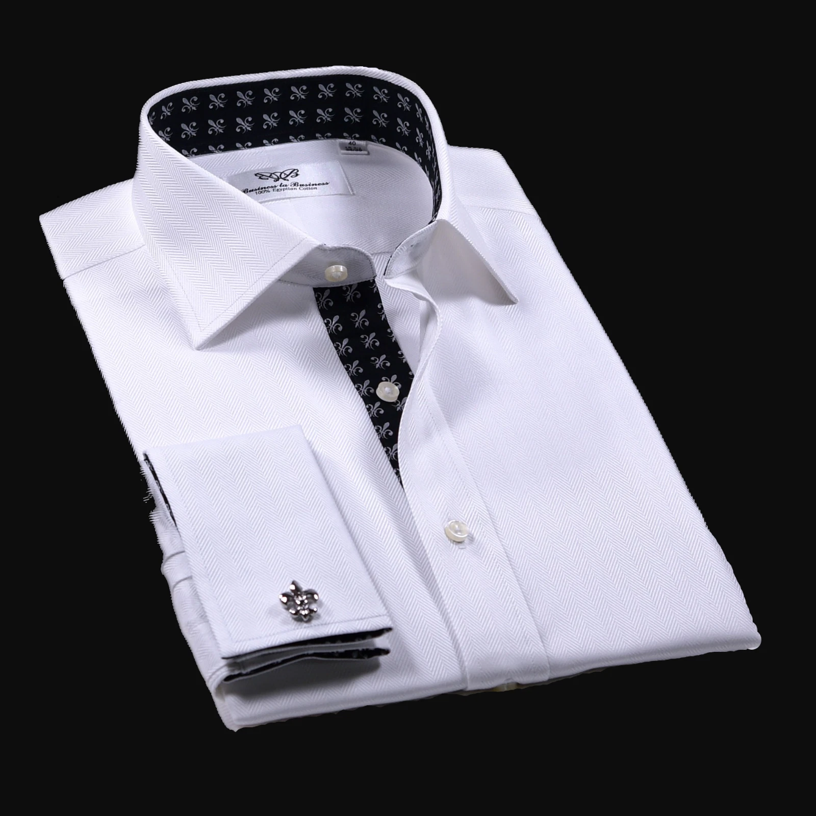 Black Italian Fleur-De-Lis White Heiingbone Twill Men's Dress Shirt Sexy Floral