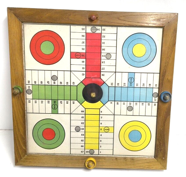 Parchis Muy Antiguo Marco De Madera Cristal Fichas De Madera Defecto Embellecedo