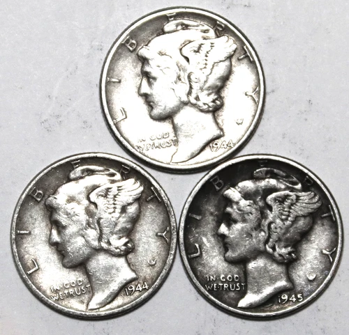 (3) Mercury Dimes - VF/XF - (2) 1944P (1) 1945-P - #0735ED