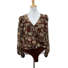 Astr The Label Bodysuit Womens M Medium Raisin Odette Sheer Sleeves Surplice