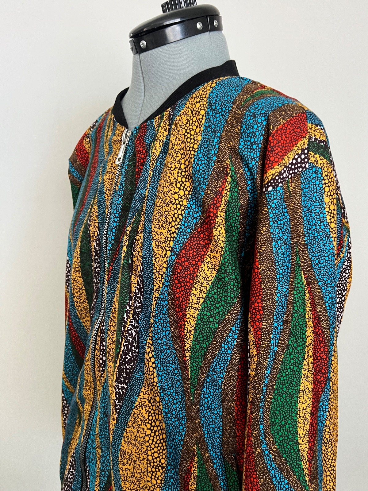 Multicolor Bomber Jacket Zip Abstract Pattern Afr… - image 5