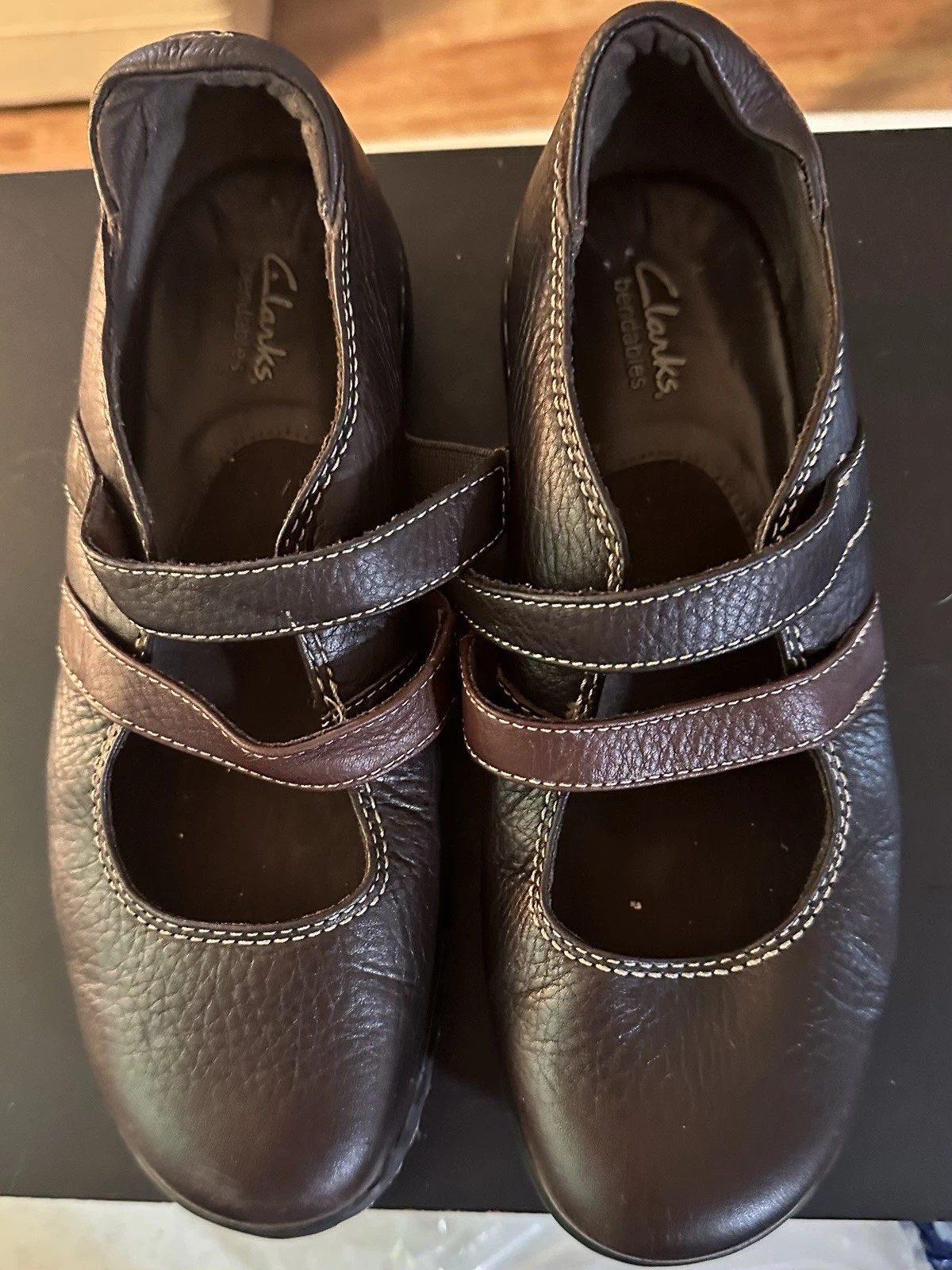 Scarpe Clarks Mary Jane taglia 6 donna marroni pieghevoli in pelle slip on