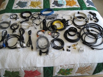 Lot of computer, monitor, HDMI, coax, power, USB extenders, splitters, ethernet