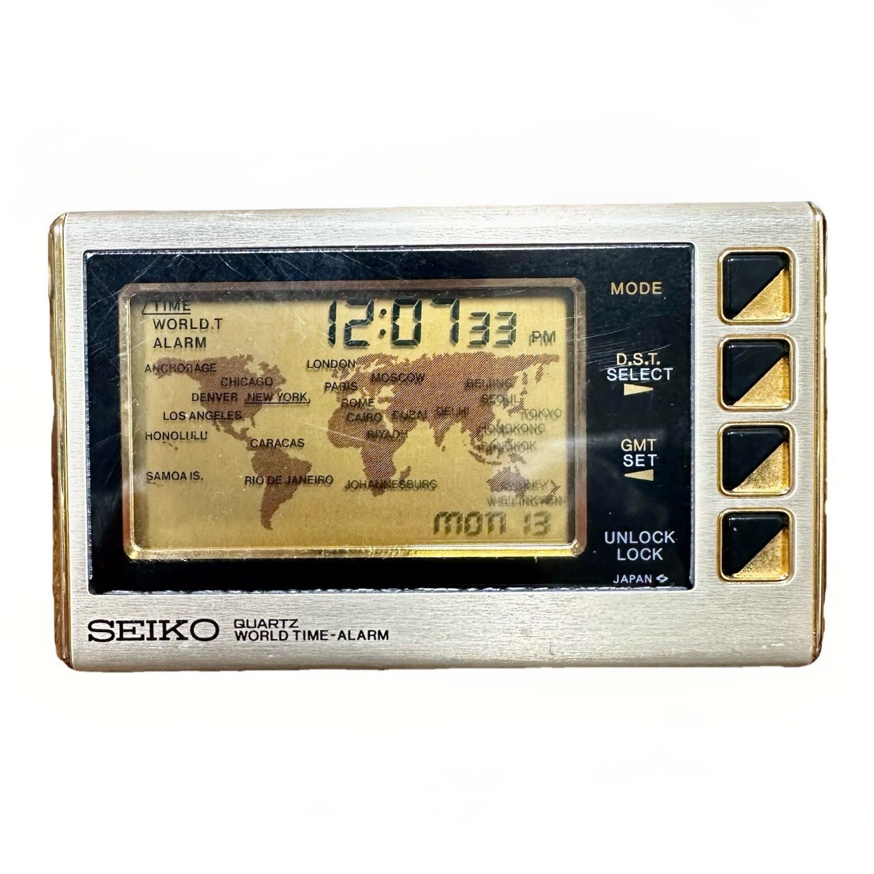 Vintage Seiko Quartz World Time Alarm Travel Clock Japan Gold Tone LCD