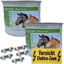 1000 m( 2 x 500 m)Weidezaunseil 6 mm 6 Niro+5 Verbinder+Warnschild weiss