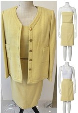 Chanel Vintage Yellow Tweed 42 US 10 Logo Button Top Jacket Skirt Suit 3 PCS Set