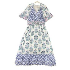 Chicos Floral Boho Maxi Dress Womens 16 Smocked Waist Lace Hem Resort Style