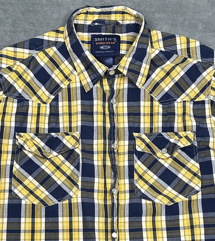 Camisa Smiths Workwear Para Hombres XL Azul Amarillo Cuadros Perla Bolsillos con Solapa a Presión Occidental Foto 2 de 4