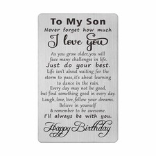 Son Birthday Gifts, Engraved Metal Card for 3.35 inches x 2.17 inches, silver