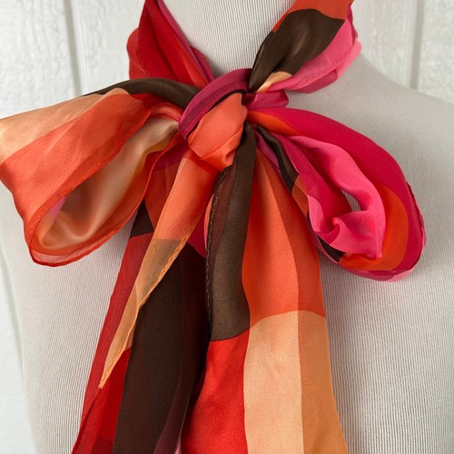 Jones NY Women Retro 100% Silk Retangle Head Neck Scarf Pink Brown 60” x 11” - Picture 5 of 5
