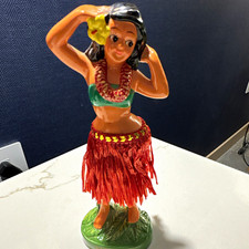 Vintage Hawaiian Hula Dancer Figurine w/ Red Grass Skirt, Lei, Flower