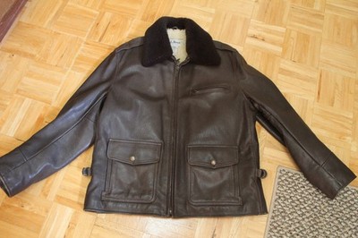 MENS S / M VTG LL BEAN MADE USA BROWN LEATHER FLIGHT JACKET WOOL SHERPA LINED