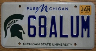 SINGLE MICHIGAN LICENSE PLATE 2014 68ALUM MICHIGAN STATE UNIVERSITY