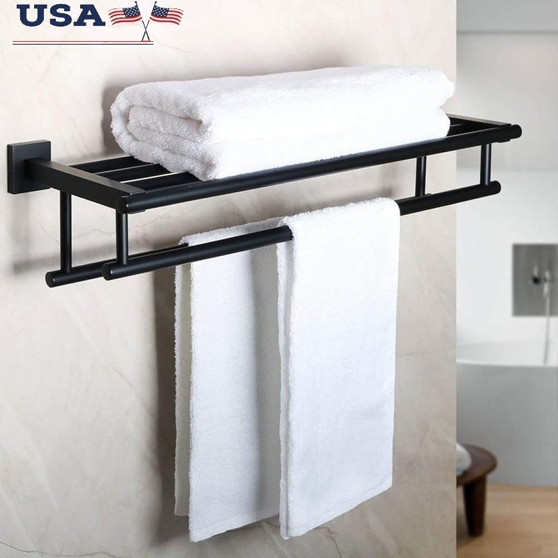 Stainless Steel Double Towel Rack Matte Black Bathroom Wall Mount Heavy Duty New