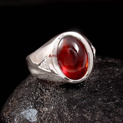 Natural Hessonite Garnet Gemstone with White Gold Plated 925 Silver Ring #827