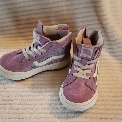 VANS Unisex Kids High Top Sneakers Purple Floral Faux Fur Lined Logo Lace Up