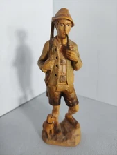 🤚👉VTG German Folk Art Wood Carved Sculpture Hunting Gun Pipe Dog Statue-6.5"ht