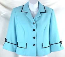 Vintage Cropped blazer jacket 6P Blue Contrast Trim 3/4 Sleeve Bows 60s Retro