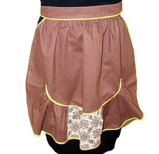 50S APRON BROWN YELLOW PRINT FRILLY SKIRT COTTON EARLY 50S HOME KITCHEN LINEN SM