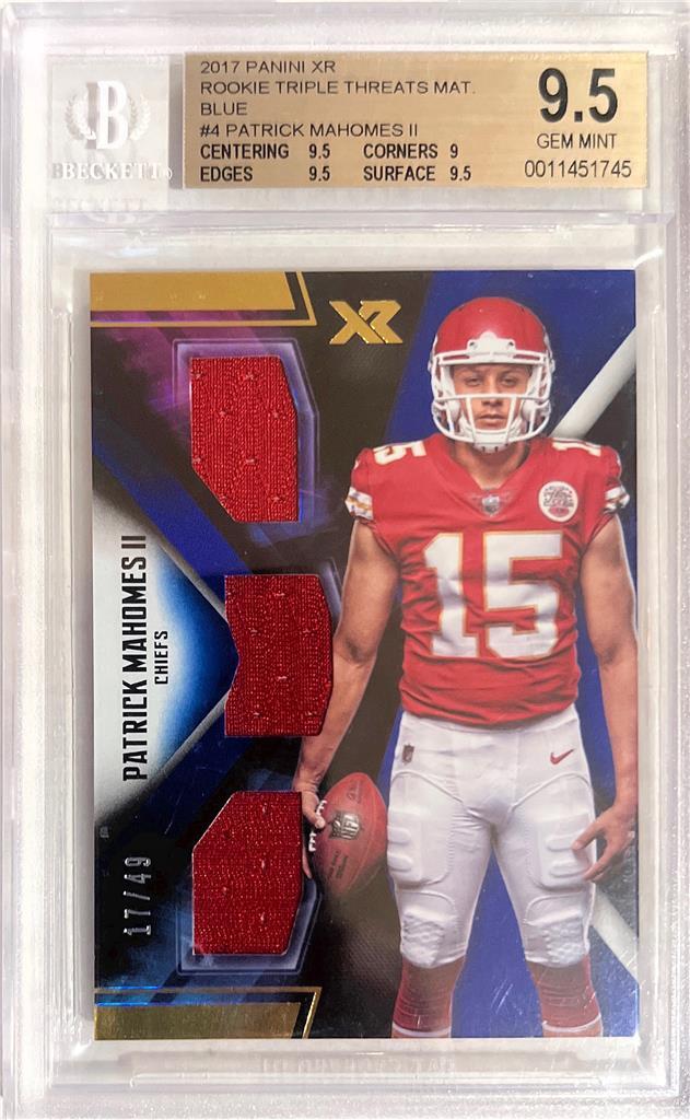 Patrick Mahomes Panini XR Rookie Triple Threats Materials #PM Blue