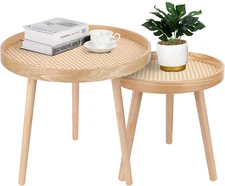 Round Coffee Table Set of 2, Natural Boho Coffee Table, Small Mid Century Modern