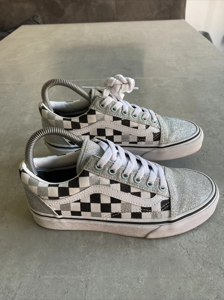 Vans Old Skool Silver Glitter Checkered Sneakers Size UK 4