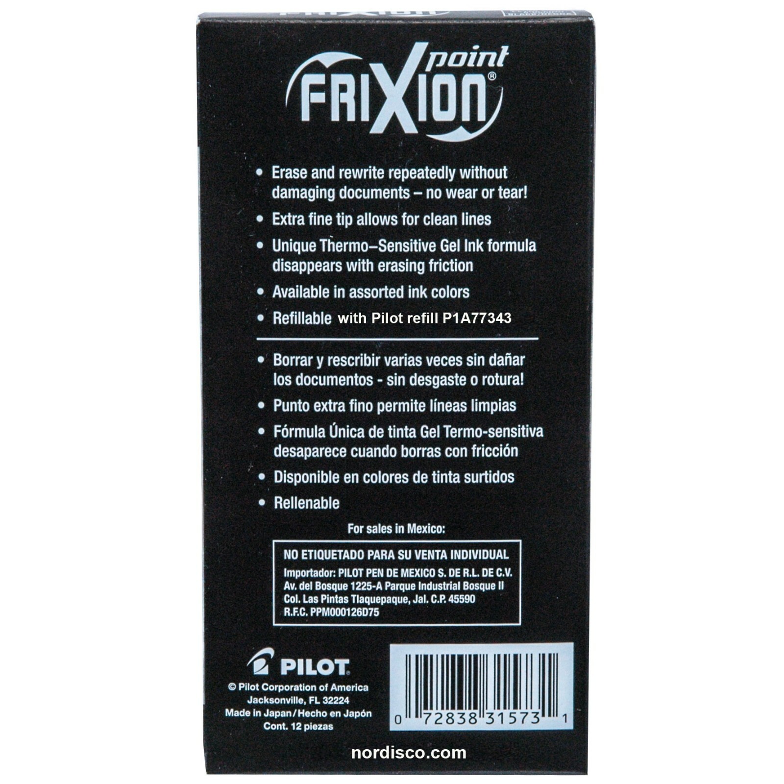 Pilot 31573 Black FriXion Point 0.5mm Extra Fine Erasable Gel Ink Pens Box of 12