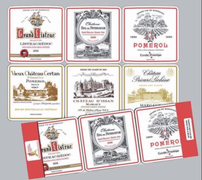 TORCHONS & BOUCHONS, SET OF 6, FAMOUS FRENCH BORDEAUX WINE LABEL COASTERS, NEW