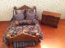 Dollhouse Miniatures Walnut Master Bed with Navy Paisley Bedding and Dresser
