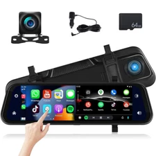 9.66" Dash Cam Rearview Mirror Monitor Wireless CarPlay Dual Front Rear Camera