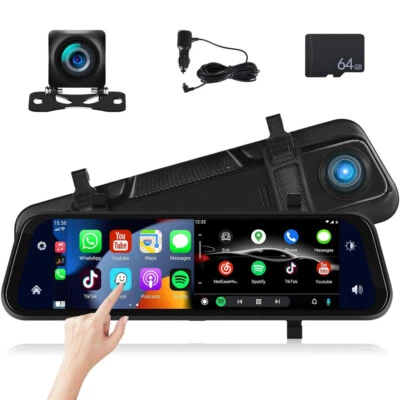 AMPRIME 9.66" Dash Cam Rearview Mirror Monitor Wireless CarPlay Dual Front Rear Camera