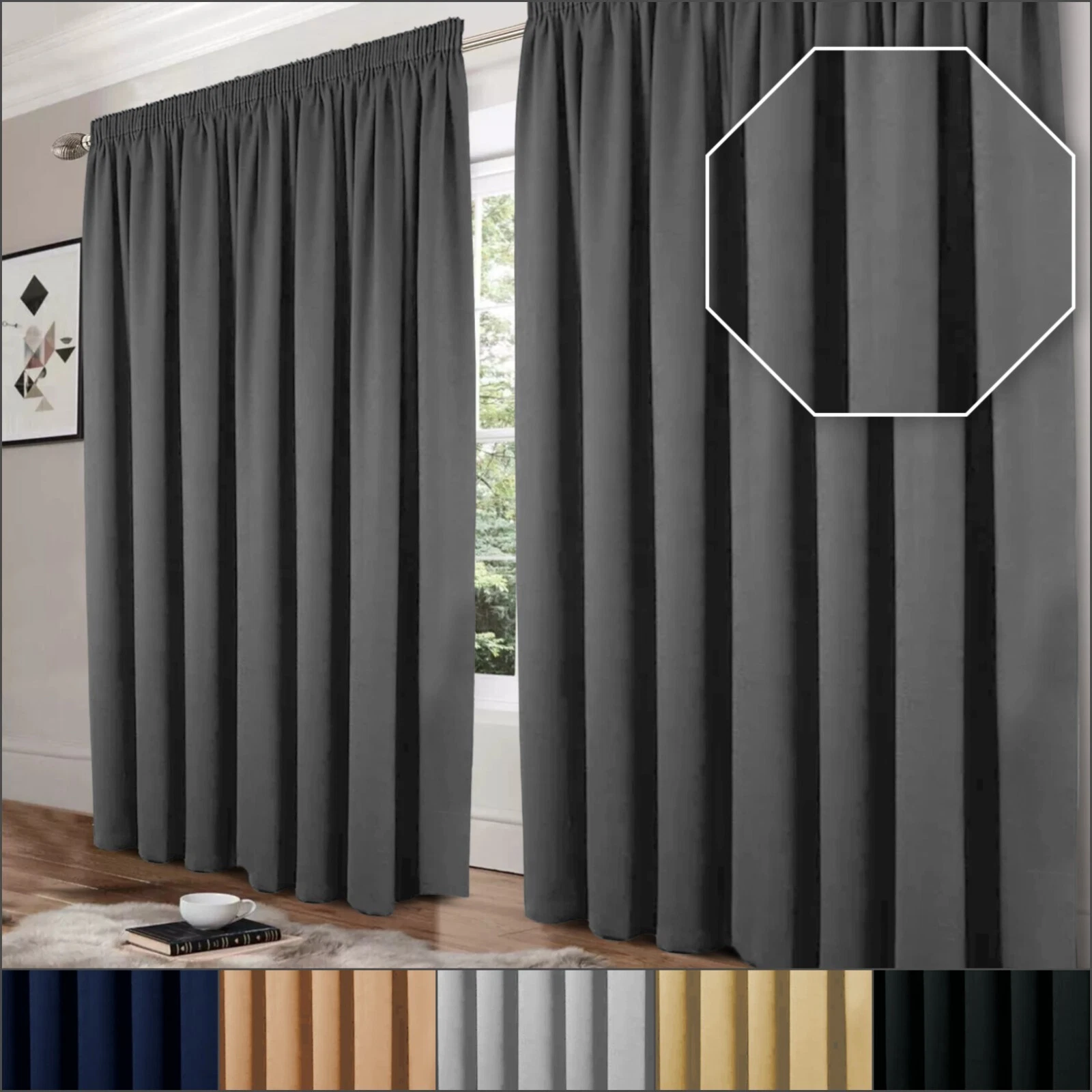 Blackout Pencil Pleat Pair Curtains Ready Made Thermal Panels With Free Tie Back