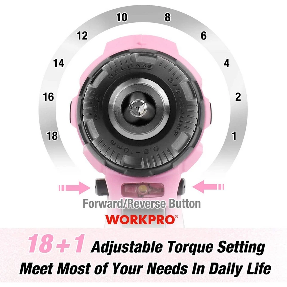 61PC Pink Tool Kit 12V Cordless Drill Driver Set Hand Tool Set w/14" Storage Bag - Image 3 of 4